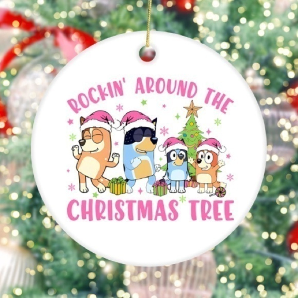Bluey Rocking Around The Christmas Tree White Ceramic Christmas Ornament